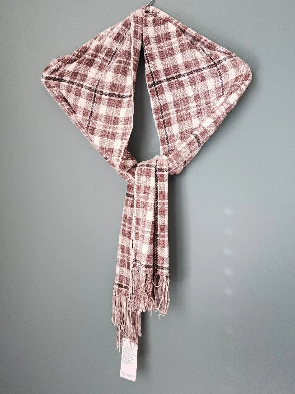 Brown Plaid Fringed Rayon Scarf NWT